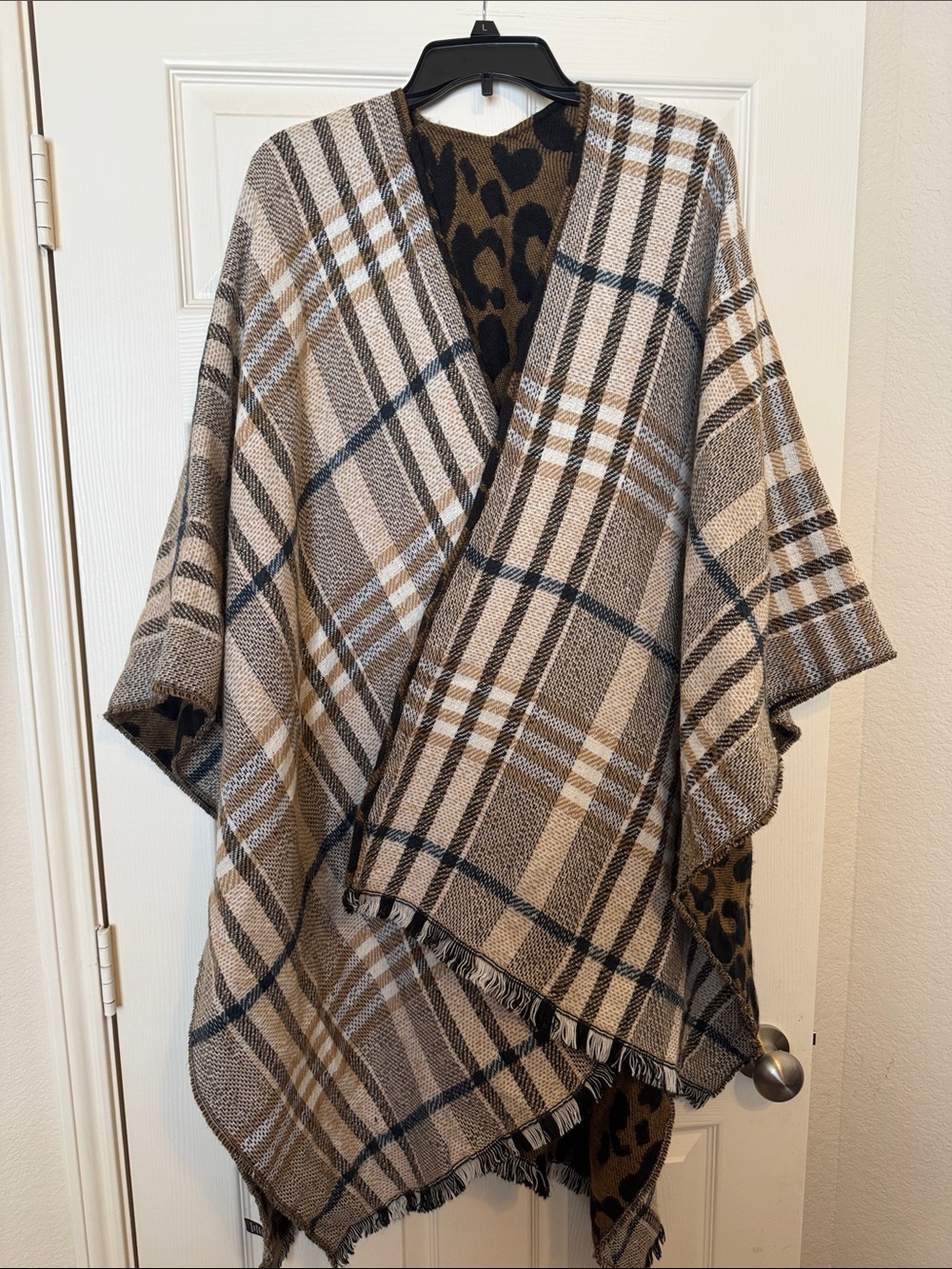 DSW Plaid Reversible Knit Cape in Brown and Black